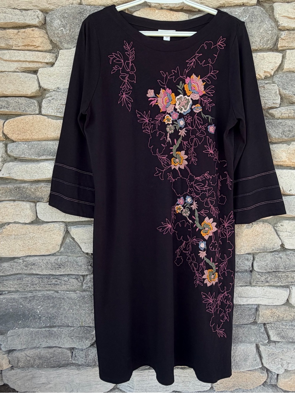 J. Jill Embroidered Floral Shift Dress Black Knit 3/4 Sleeve Size Medium EUC